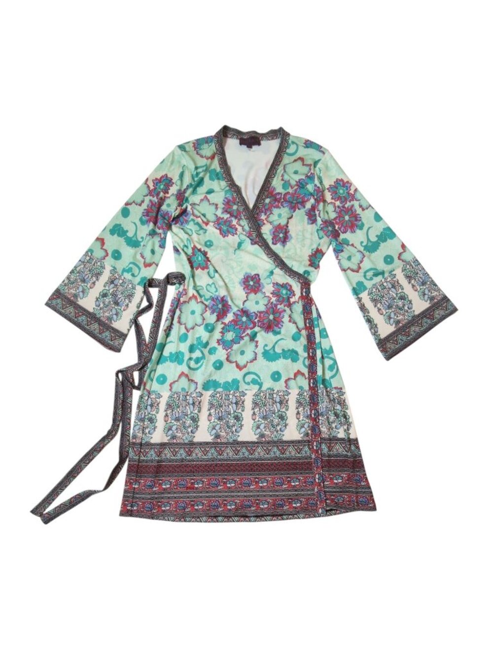 Hale Bob Floral Wrap Dress Medium Boho  Kimono Bell Sleeves Art to Wear Floral